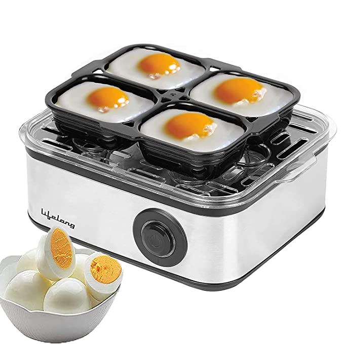 Lifelong 2-in1 Egg Boiler and Poacher 500-Watt (Black), Boil 8 eggs, Poach 4 eggs, Easy to clean| 3 Boiling Modes, Stainless Steel Body and Heating Plate, Automatic Turn-Off