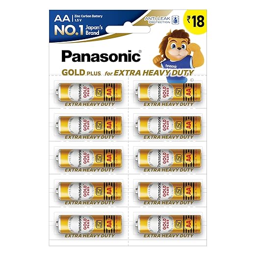 Panasonic Gold Plus Zinc Carbon 1.5V AA Batteries, Pack of 10, Long Life Extra Premium India's 1st 100% Eco-Friendly Batteries No Pb, Cd, Hg Added, BIS Certified,Metal Clad