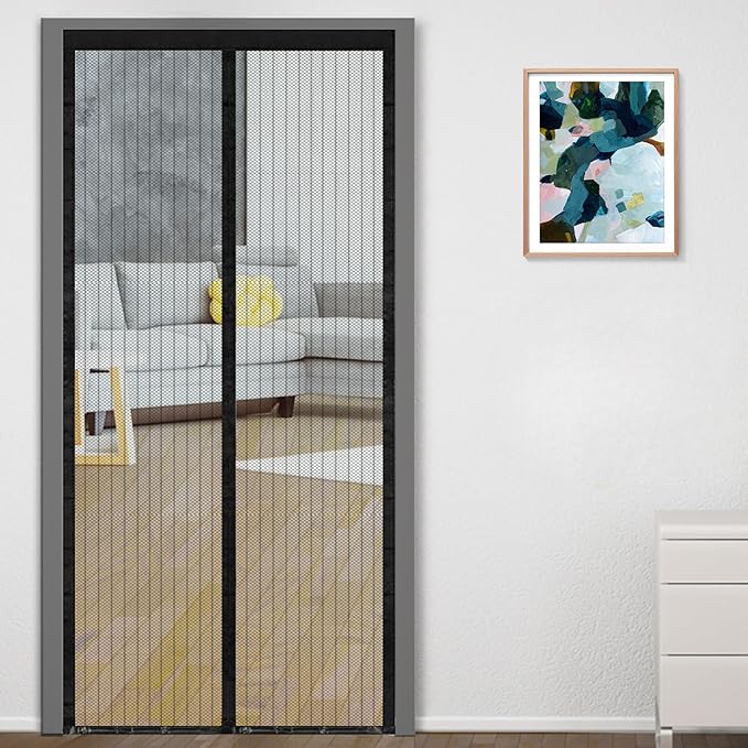 [Size: 200*100 cm] - Classic Mosquito Net for Door Polyester Magnetic Curtain Auto Closing Insect Screen for All Door Types with Self Adhesive Hook Tape (200X100 cm, Black-Polyester)