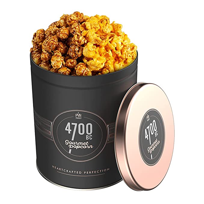 4700BC Pop Gala, Sweet & Spicy Popcorn Ensemble, Tin, 225g (Himalayan Salt Caramel + Hawaiian BBQ Cheese)