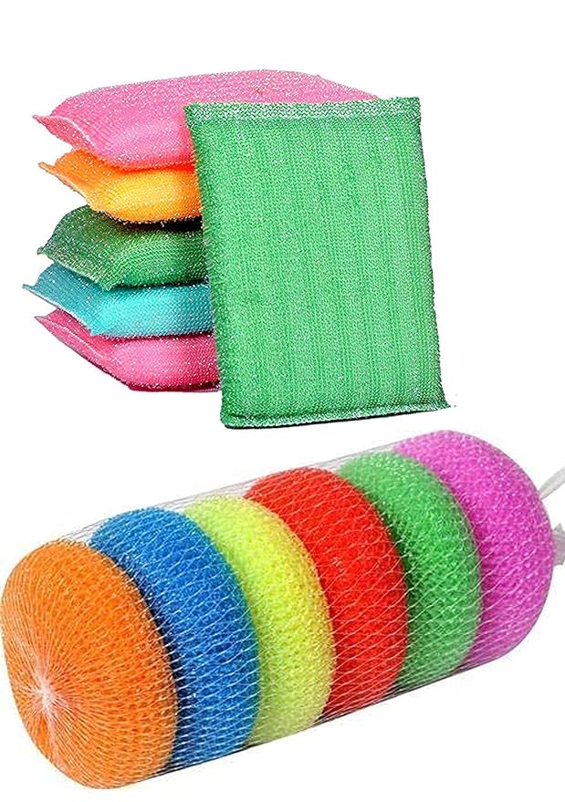 MOOLYAVAAN Products Multi Colour Foam Pad Sponge & Plastic Scrub Pads Foam Pad Sponge Scourer Kitchen Scrubber for Dish/Utensils/Tiles Cleaning Heavy Quality (Pack of 3+3)