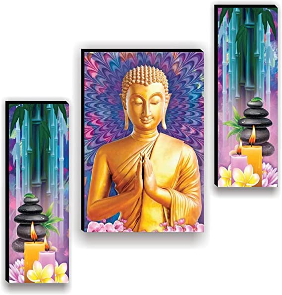 SND Art Set of 3 Lord Buddha UV Textured MDF Frame Painting for Home Decoration(12 X 4.5 inch,12 X 9 inch, 12 X 4.5 inch) Water Proof Wall Art