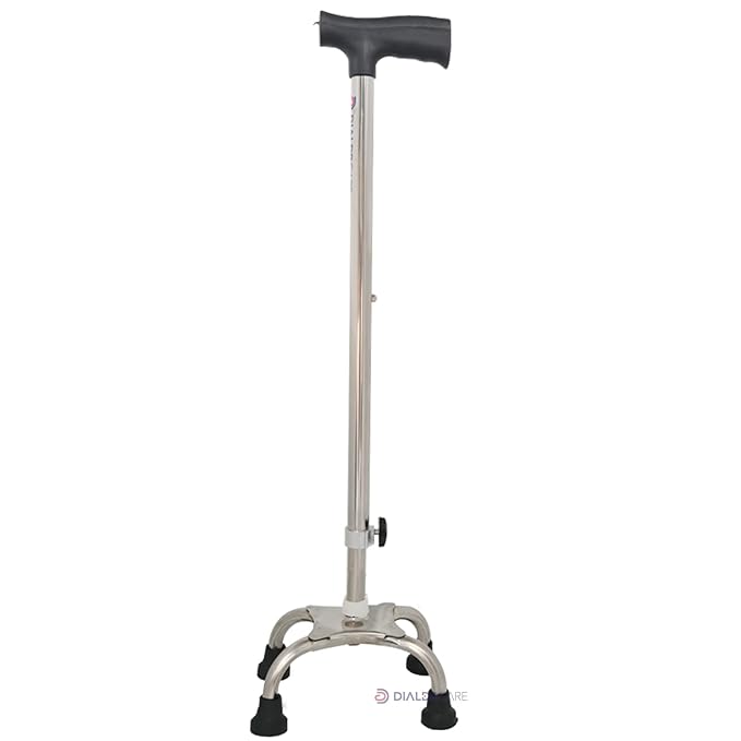 DIALDRCARE Height Adjustable 4 Leg Handle Walking Stick for Unisex(Silver)