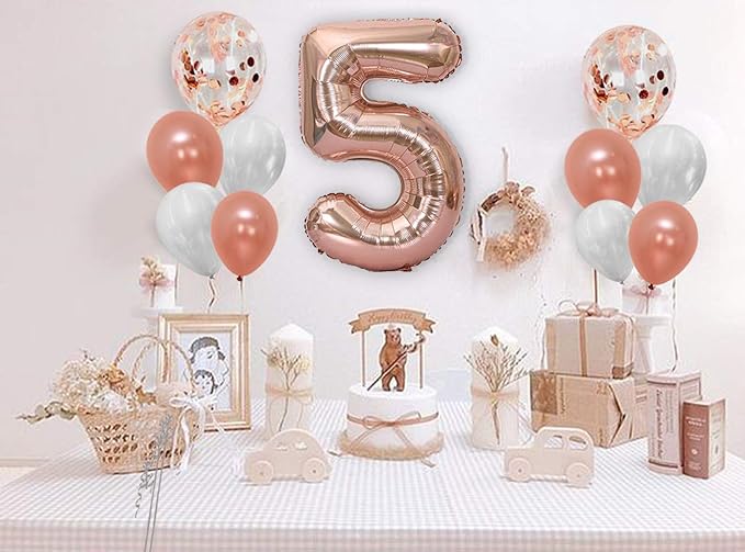AMFIN® (Pack of 11) 32 Inch 5 Number Rose Gold Foil Balloon Combo with Confetti & Metallic Balloons Bouquet for 5th Birthday Girl Party Decorations/Wedding Anniversary Decoration Items - Rosegold