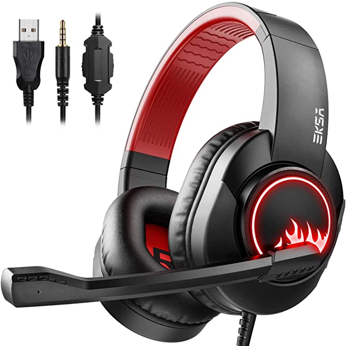 Eksa T8 Ps4 Gaming Wired Over Ear Gaming Headphones With Mic Noise Canceling, Pc With Surround Stereo Sound, Led Light For Ps4, Pc, Laptop (Red)