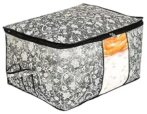 Kuber Industries Flower Print Foldable Woven Underbed Storage Bag|Large Storage Organiser|Blanket Cover with Transparent Window|Size 65 x 45 x 31 CM (Black)-KUBMART16598(Fabric)