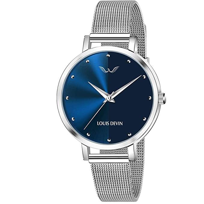 [Apply Coupon] - LOUIS DEVIN LD-L144-BLU-CH Mesh Blue Dial Silver Band Stainless Steel Chain Analog Wrist Watch for Women