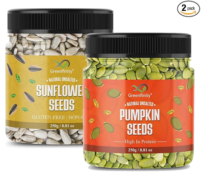 GreenFinity Raw Pumpkin & Sunflower Seeds | Pack of 2 × 250g (500g) | High Protein & Fibre | Unsalted, Healthy Ready-to-Eat Super Seeds | Fresh Jar Pack