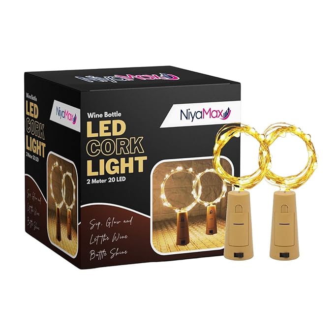 NIYAMAX 20 LED Wine Bottle Cork Copper Wire String Lights, 2M Battery Operated (Warm White, Pack of 2,Battery Powered,Corner)