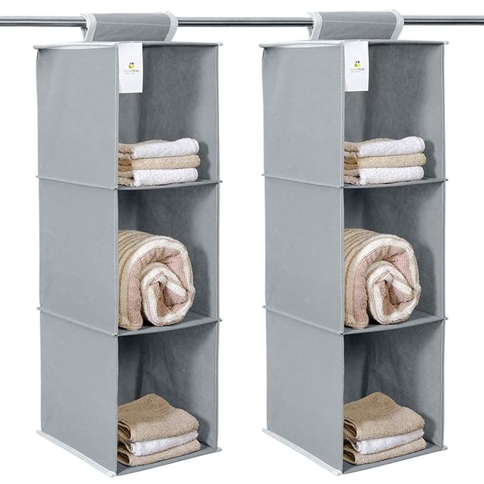 HomeStrap 3-Shelf Closet Hanging Organizer | Durable Non-Woven Fabric Storage Hanger with Engineered Wood | Stylish Wardrobe Storage Solution | Grey (Pack of 2)