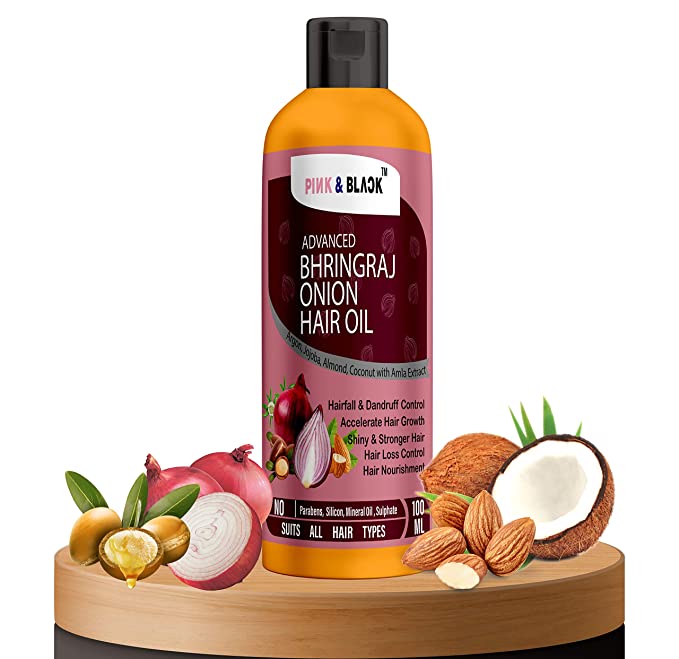 PINK & BLACK Bhringraj Onion Natural Herbal Anti-Dandruff Hair Oil for Hair Fall Control , Hair Strengthening & Hair Growth with Redensyl - Multi-Purpose Hair Growth Oil/Serum - 100ml