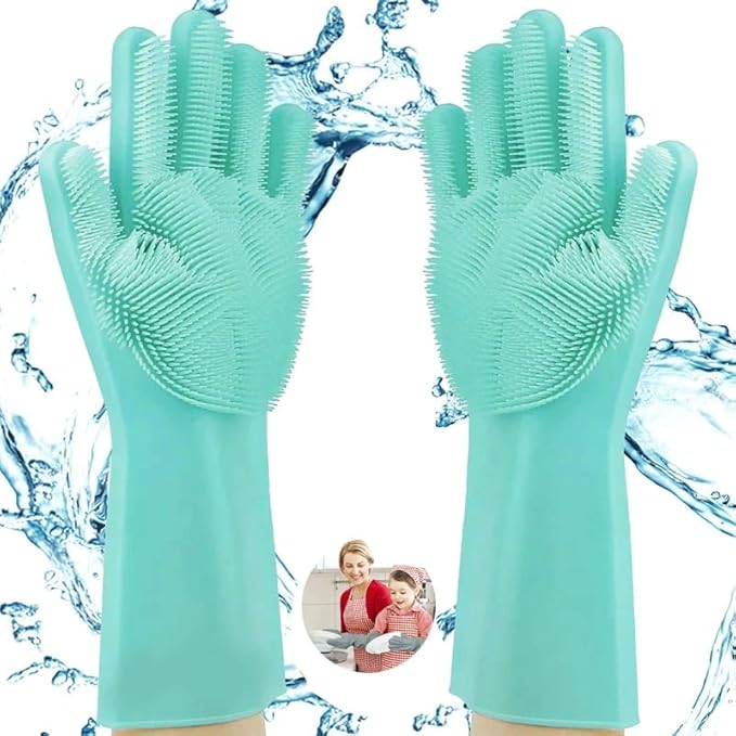 Gloves Magic Silicone Dish Washing Gloves, Silicon Cleaning Gloves, Silicon Hand Gloves for Kitchen Dishwashing and Pet Grooming, Great for Washing Dish, Car, Bathroom (Multicolor, 1 Pair)