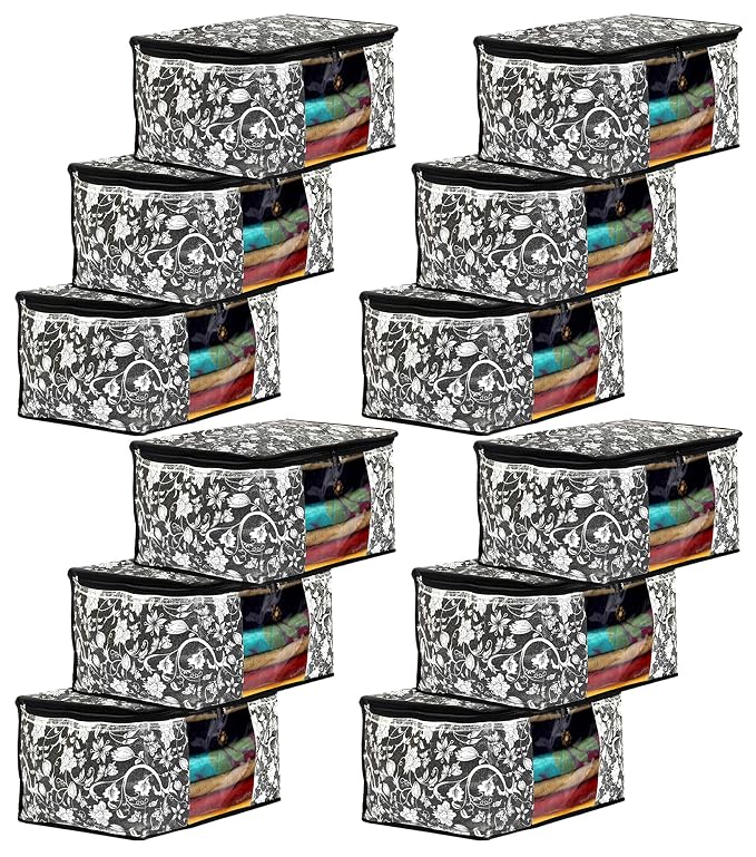 Amazon Brand - Solimo Metalic 12 Piece Non Woven Fabric Clothes, Saree Cover Bags Set With Transparent Window, Extra Large, Flower-Black
