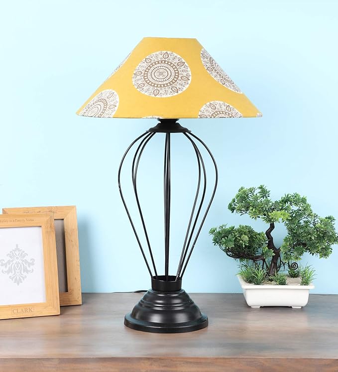 tu casa Table Lamps Black Metal Base with Yellow/White Cotton (Mandala Print) Shades for Home Décor, Bedrooms, Living Room, Gifting, Diwali Decoration, Dining Space, Study Room, Restaurants (H-20)