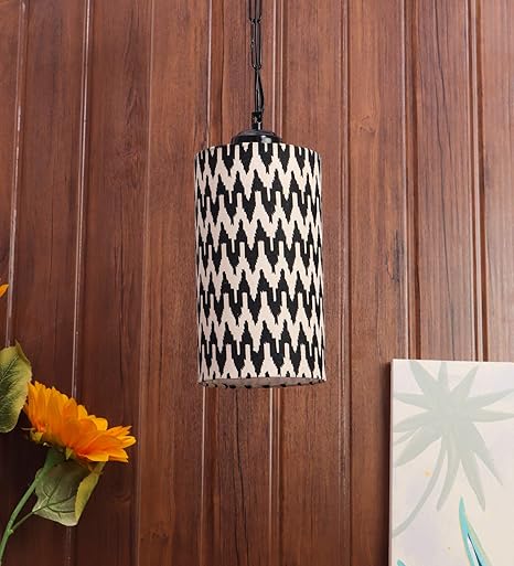 tu casa Pendant/Hanging Light Lamps Black Metal Base with Blue/Black Cotton (Chevron Print) Shades for Home Décor, Bedrooms, Living Room, Gifting, Diwali, Dining Space, Restaurants (H-25)