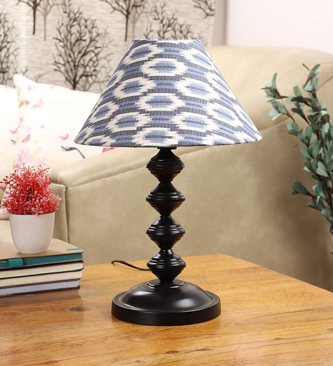 tu casa Table Lamps Black Metal Base with Blue White Cotton Ikat Print Shades for Home Décor Bedrooms Living Room Gifting Diwali Decoration Dining Space Study Room Restaurants (H-14.5")