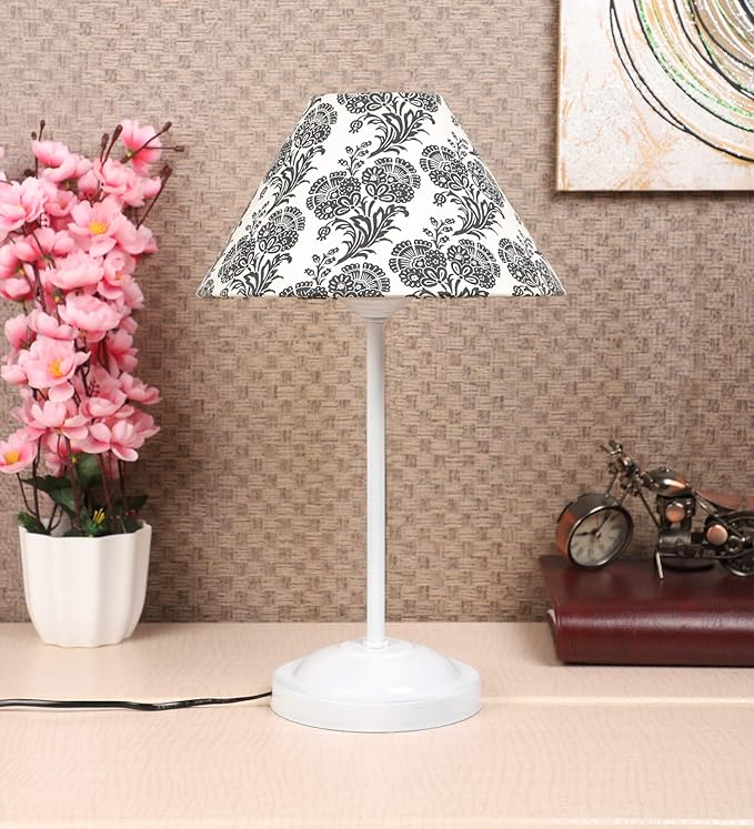 tu casa Decorative Table Lamp for Bedroom & Living Room | White Metal Base with Black & White Filigree Cotton Shade | Modern Bedside Night Lamp for Home Décor, Study, Dining & Festive Gifting
