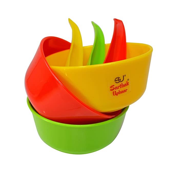 Sarthak Uphaar Plastic Microwave Safe Soup Bowl Set of 6 Pieces (3 Bowl, 3 Spoon) 280 ml Multicolor, Classic