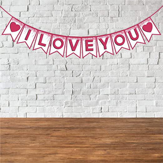 Wobbox White & Pink Text "I Love You" Bunting Banner for Anniversary, Pre-Wedding & Wedding, Love Banner for Decoration