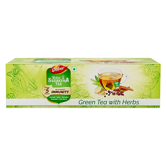 Dabur Vedic Suraksha Green Tea - 100 tea bags | Immunity Booster| with the Goodness of 5 Ayurvedic Herbs
