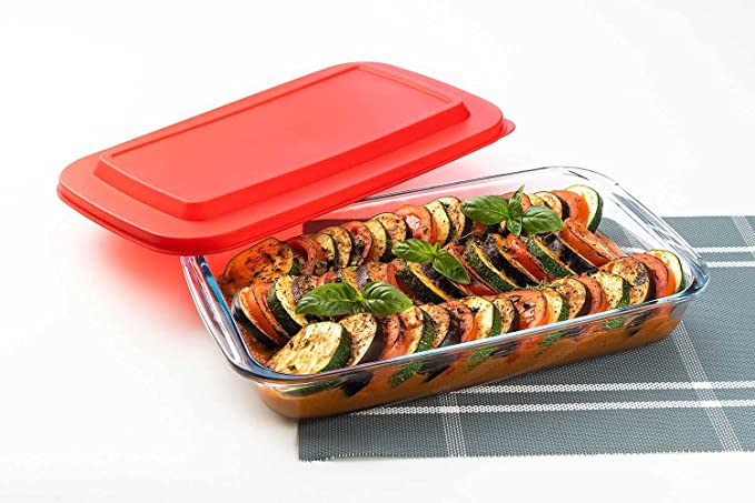 Signoraware Bake 'N' Serve Rectangle Dish Bakeware Safe and Oven Safe Glass with Plastic Lid, 2200ml, Set of 1, Clear