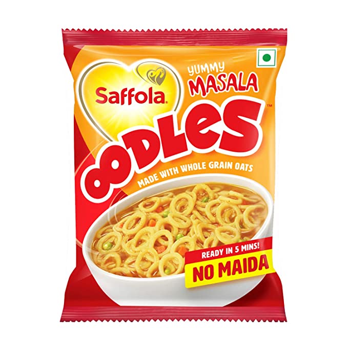 Saffola Oodles, Instant Noodles, Ring Shape, Yummy Masala Flavour, No Maida, Whole Grain Oats, 46g Pouch
