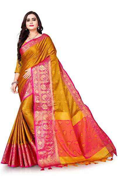 Traditional Pure Cotton Silk Saree With Unstitched Blouse, Mustard, Free Size