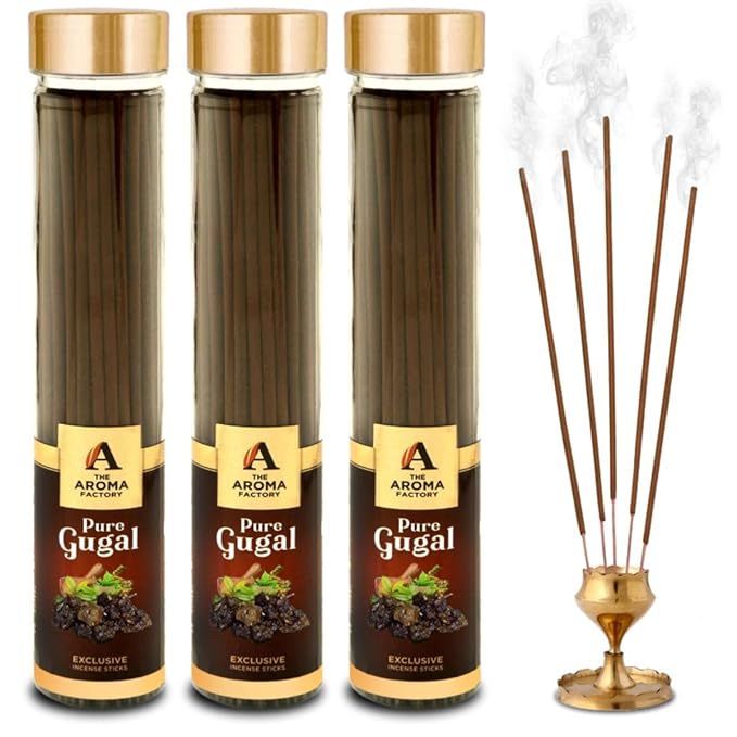 The Aroma Factory Organic Pure Gugal Agarbatti for Pooja, No Charcoal Incense Sticks,100% Herbal Fragrance Agarbathi, (Bottle Pack of 3x100g)