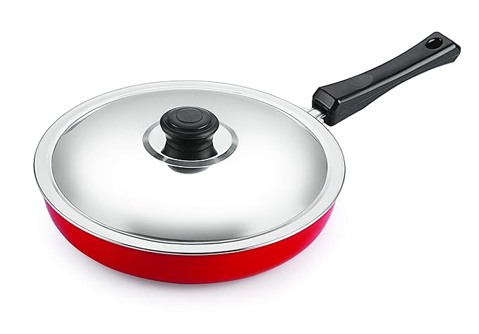 [Size: Fry Pan 12-24cm - 1.8 Ltr] - Nirlon Non Stick Food Grade Quality Aluminium LPG Stove Compatible Only Fry Pan/Frying Pan/Pasta Pan 24cm Diameter with Steel Lid[Red_FP12]
