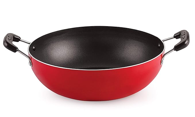 NIRLON Aluminium Cooking Non-Stick Gas Stove Compatible Bottom Deep Fry Kadhai 18.5Cm - 1.2 Ltr[3Mm_Kd_10],Red