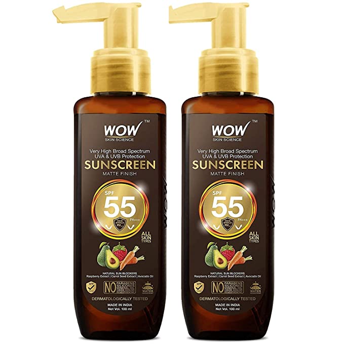 WOW Skin Science Sunscreen Matte Finish - Spf 55 Pa+++ - Very High Broad Spectrum - Uva &Uvb Protection - Quick Absorb - No Parabens, Silicones, Mineral Oil, Oxide, Color & Benzophenone, 100mL (Pack of 2)