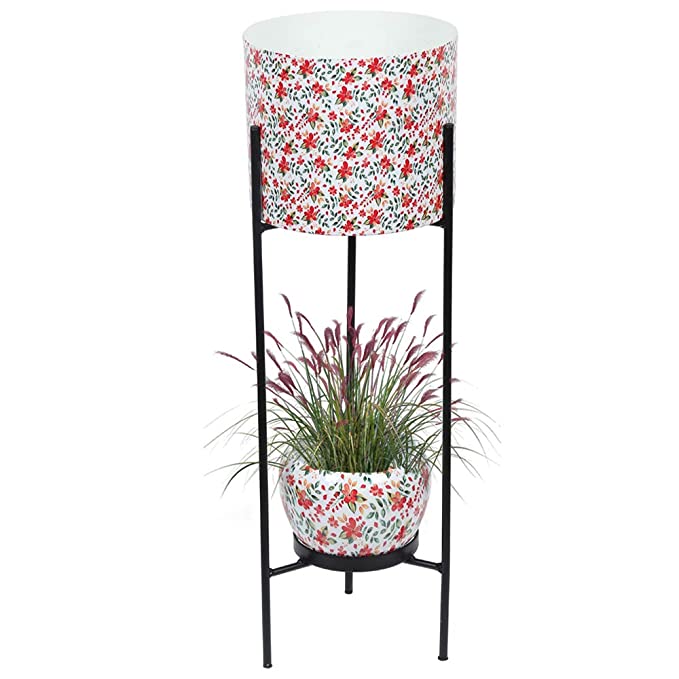 Kraft Seeds Decorative Dual Metal Pot Stand with 2 Metal Planters for Indoor and Outdoor Plants for Home and Garden Use - White and Red Floral Print