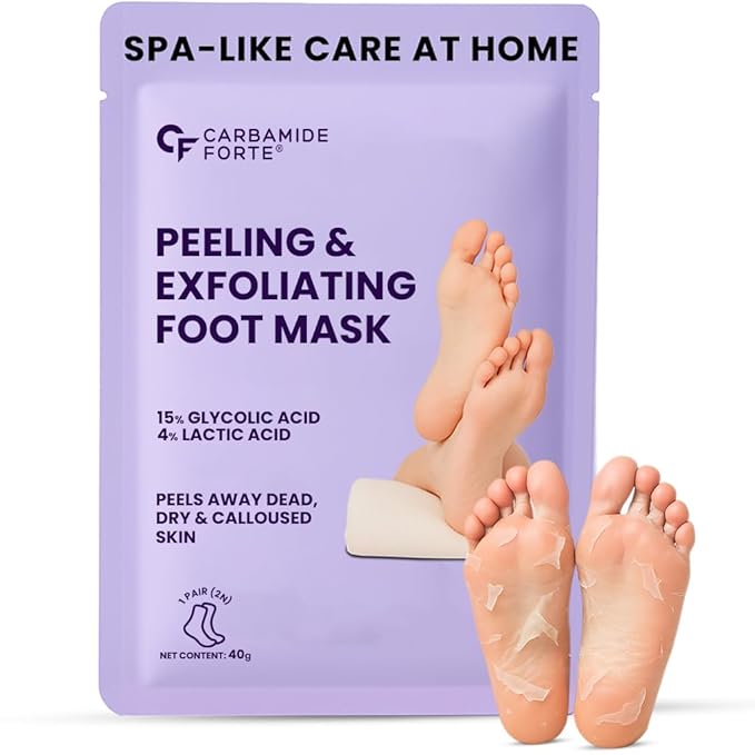 Carbamide Forte Peeling & Exfoliating Foot Peel off Mask for Dry & Calloused Feet | Foot peeling mask With 15% Glycolic Acid, 4% Lactic Acid & Aloe Vera | Helps Remove Dead Skin, Soften Cracked Heels & Calluses | 1 Pair (40g)