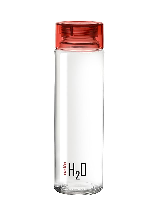 CELLO H2O Glass Fridge Water Bottle with Plastic Cap 920ml, Red | Leakproof & Durable | Wide Mouth, Easy to Clean | Easy Grip Glass Water Bottle for Kitchen, Home, Office, Gym, Travel