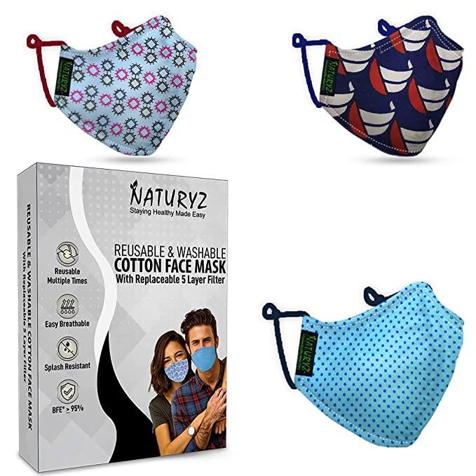 Naturyz Cotton Printed Reusable & Washable Face Mask with Replaceable N95 SITRA Certified 5 Layer Filters | Nose Pin with Adjustable Earloops (Multicolour, Without Valve, Pack of 3) for Women
