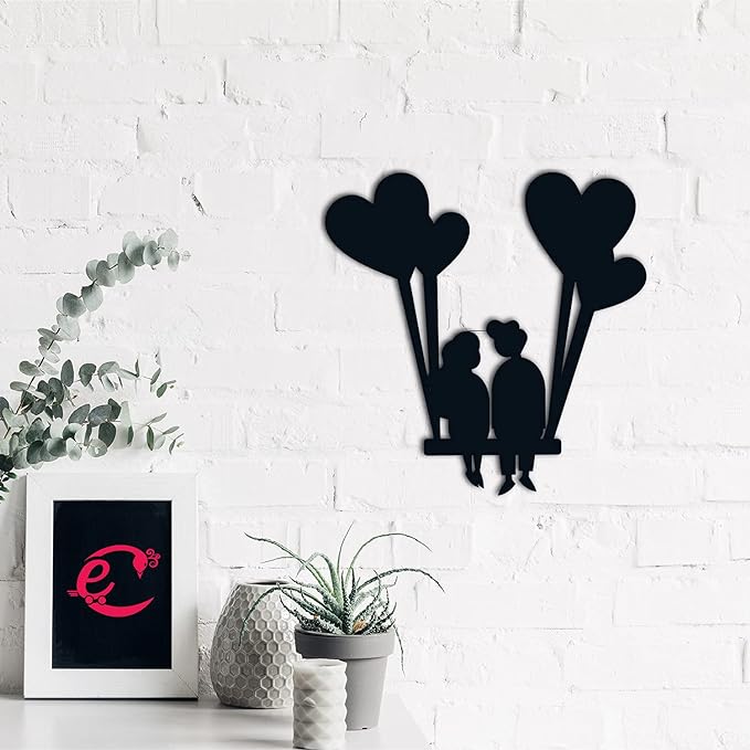Young Loving Couple with Hearts Balloons Black Engineered Wood Wall Art Cutout, Ready to Hang Home Decor