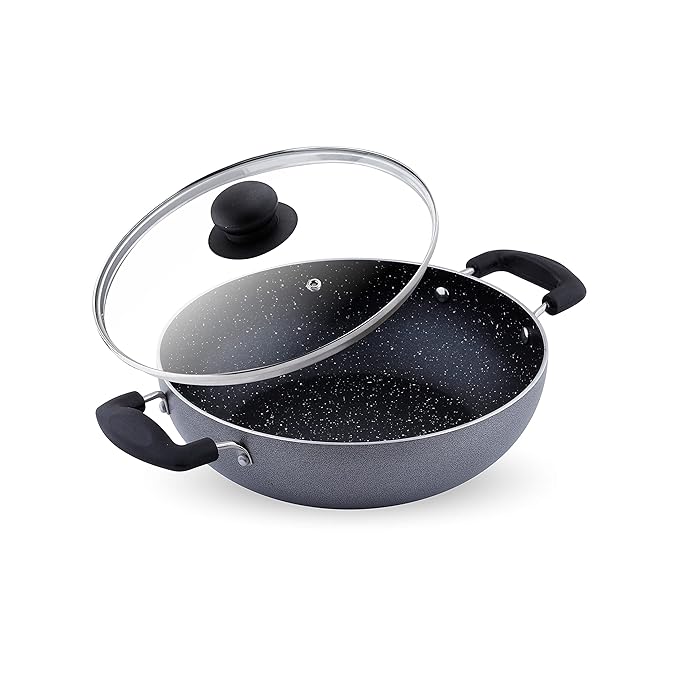 Attro Aluminium Induction & Gas Stove Compatible Non Stick 3mm Thickness Heavy Duty Kadhai with Glass Lid, Spatter Finish, (240 mm, Black)