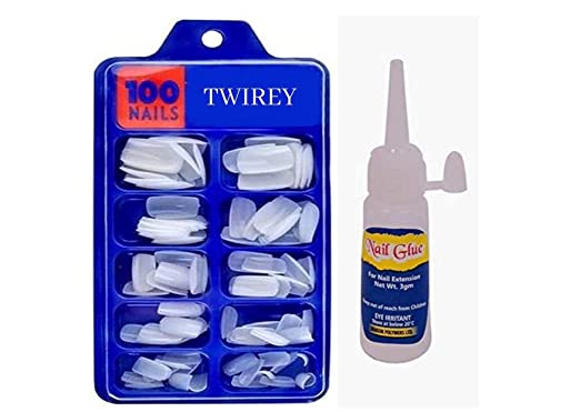 TWIREY Artificial Nails Set With Glue Acrylic fake/False Nails (Set Of 100 Pcs) and Artificial Nail Glue 3gm, Reusable