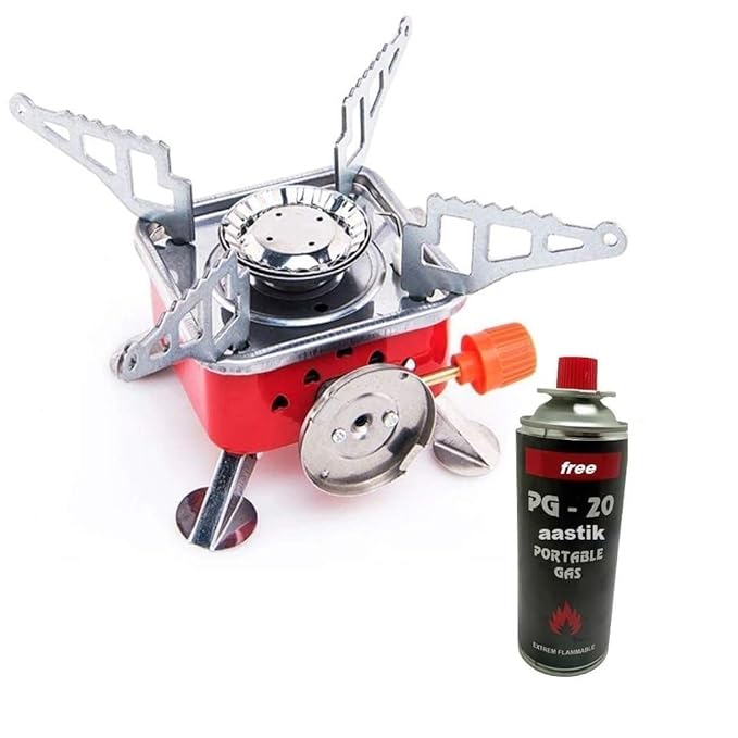 Portable Camping Gas Stove with 1 Butane Gas Canister | Foldable Mini Outdoor Burner for Trekking, Hiking, Picnic & Travel | with Adjustable Flame Control & Carry-Friendly Design (Gas stove+1 Refill)