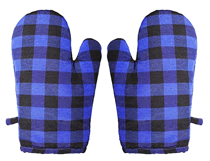 GLUN Pair of Extra Padded Unique Check Pattern Oven Gloves Heat Resistant, Protection of Hands from Hot Utensils, Grill, Barbecue (Blue Checkered Oven Gloves)