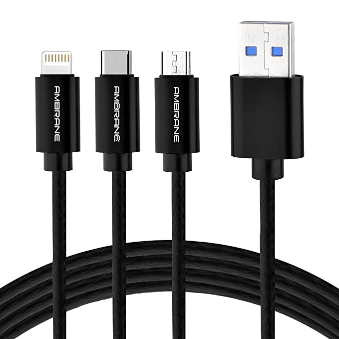 Ambrane Unbreakable 3 in 1 USB Fast Charging Multipurpose Cable with Type C, Lightning, Micro USB Port with 2.1 A,1.25 meter Black