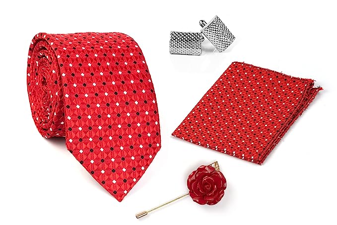 Aeht Men's Necktie, Pocket Square, Lapel Pin and Cufflink Set 3 inch width, 58 inch length 1613 TLPC Red
