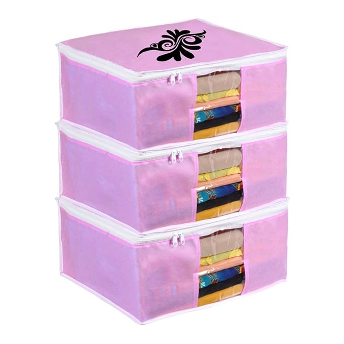 PrettyKrafts Saree Cover Large with creative prints, Saree Storage Bag with Zip, Wardrobe Organiser, Clothes Cover & Storage, (Set of 3) Pink