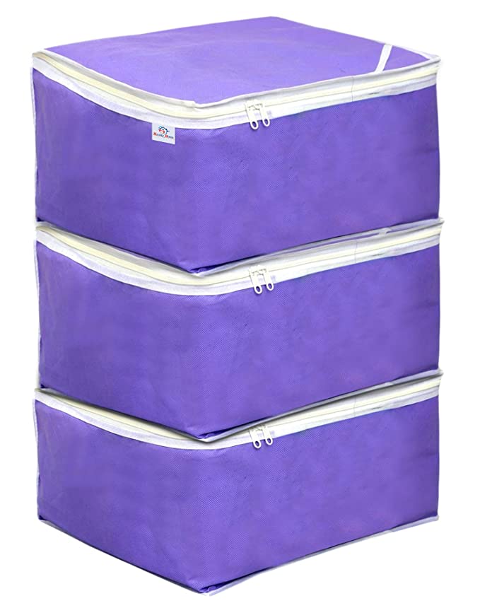 [Apply Coupon] - Heart Home Non Woven Petticoat Cover Wardrobe Organiser|Solid Color & Durab;e Zipper|Ideal For Travel & Storage|Size 36 x 28 x 29 CM|Pack of 3 (Purple)-HS_38_HEARTH21679