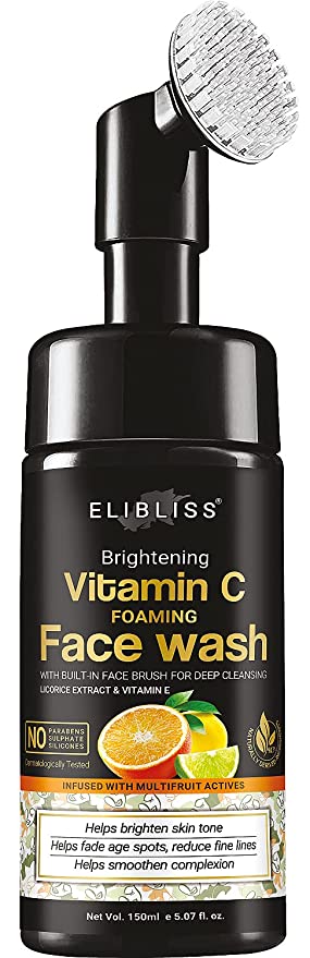 ELIBLISS Brightening Vitamin C Foaming Face Wash With Built-In Face Cleanser Brush For Deep Cleansing, Bright Beauty Spot-less Glow - No Parabens, Silicones, 150 ml