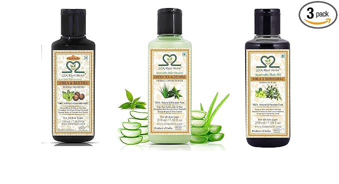 S2M KHADI HERBAL Ayurvedic Hair Care Kit - Amla Reetha Shampoo + Amla Bhringraj Hair oil + Green Tea & Aloevera Conditioner 210 ml each