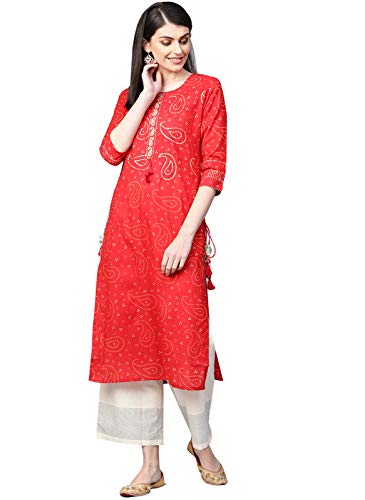 [Size: S] - ishin Women's Cotton Pink Embellished A-Line Kurta