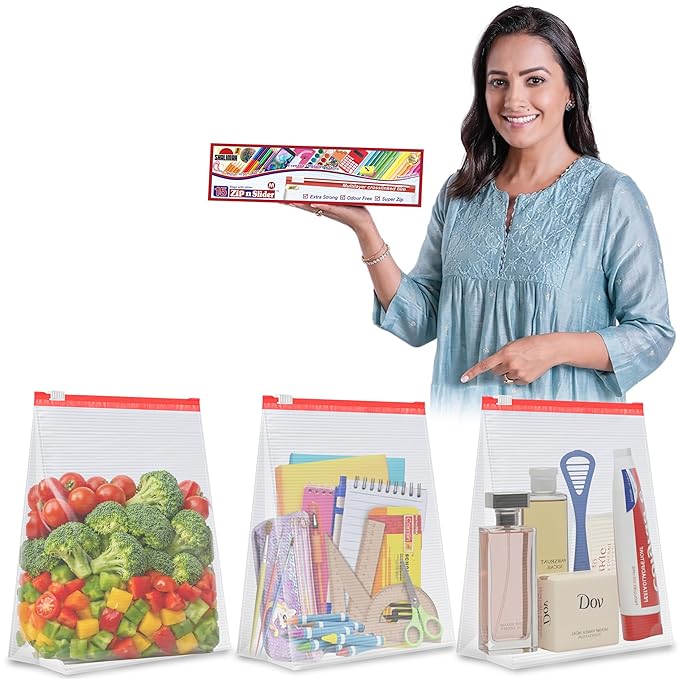 Shalimar Zip 'N' Slider Bags | Medium (24.5 cm X 28 cm) | Pack of 15 Bags | Ziplock/Vegetable/Fruit/Fridge/Multi-Purpose Storage Bag | Reusable & Reclosable with Slider Lock | Color  -  Natural