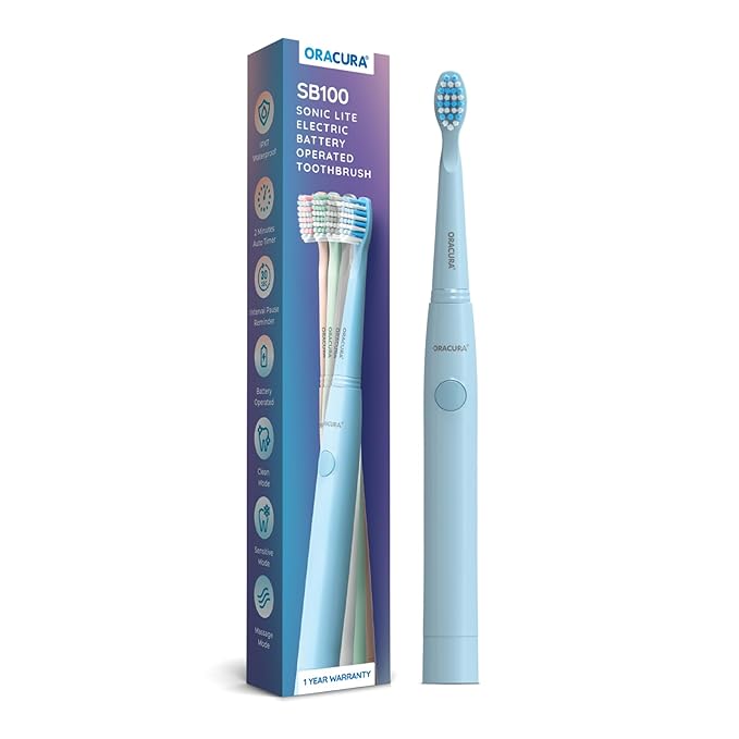 [Apply Coupon] - ORACURA® Sonic Lite Electric Battery Operated Toothbrush SB100 | Blue | 4 Vibrant Colours | With 3 Modes | 36,000 Strokes|/min | IPX7 Waterproof | 2 Minutes Auto-Timer | Dupont Bristles