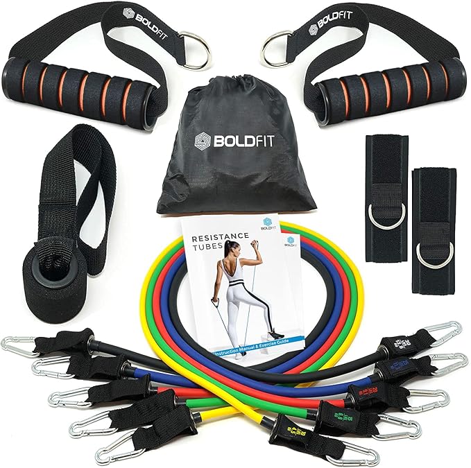 Boldfit Resistance Band Set with Handles, Portable Toning Tubes with Door Anchor & Foam Handles. Resistance Tube Kit with Bag and Ankle Straps Included. (11 Pieces Tube Set), Multicolor, L